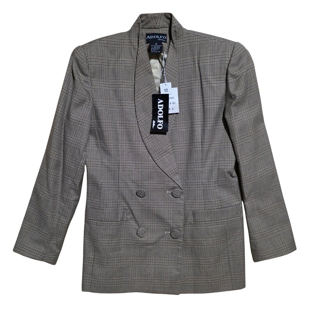 ADOLFO Atelier Women's 12 Plaid Double Breasted Blazer Jacket Vintage 80s Career